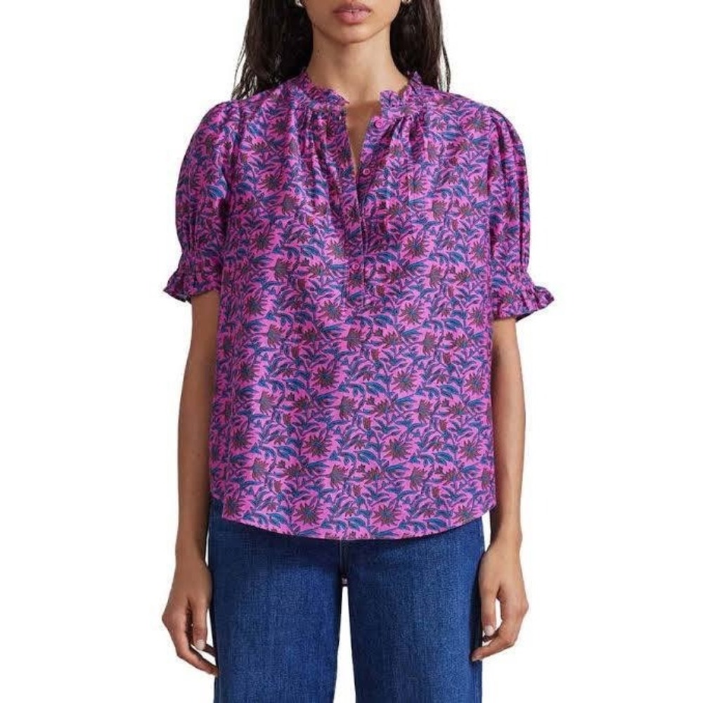 APIECE APART Purple Navy Floral Boho Cottagecore Cotton Silk Ruffle Blouse Sz XS